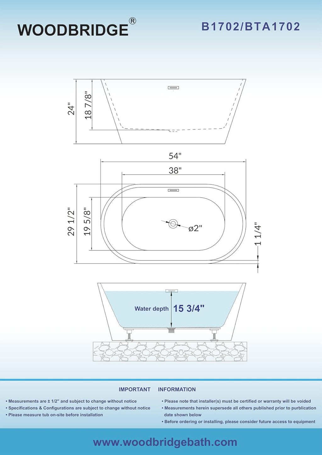 WOODBRIDGE 54'Freestanding White Acylic Soaking Bathtub with Chrome Drain and Overflow,BTA1702-C-Drain&O