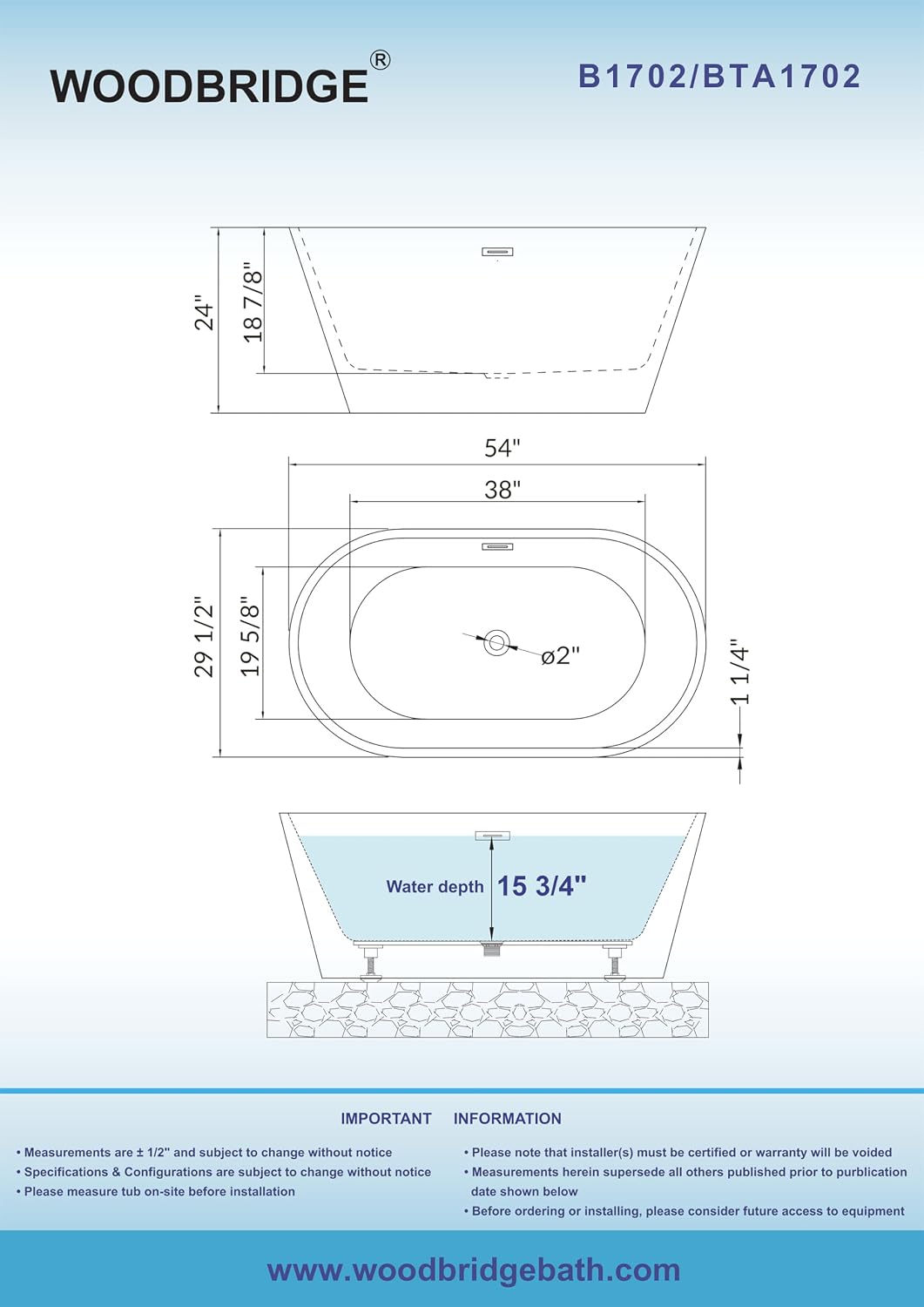 WOODBRIDGE White 54' Acrylic Freestanding Bathtub Contemporary Soaking Tub with Chrome Overflow and Drain, Without Faucet, BTA1702-C-Drain & O