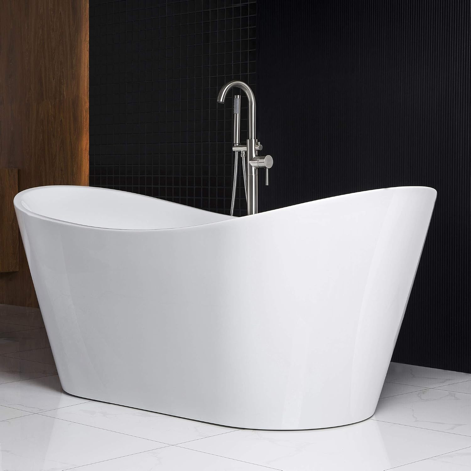 WOODBRIDGE 67' Acrylic Freestanding Bathtub Contemporary Soaking White Tub with Brushed Nickel Overflow and Drain，BTA1515-B-Drain&O