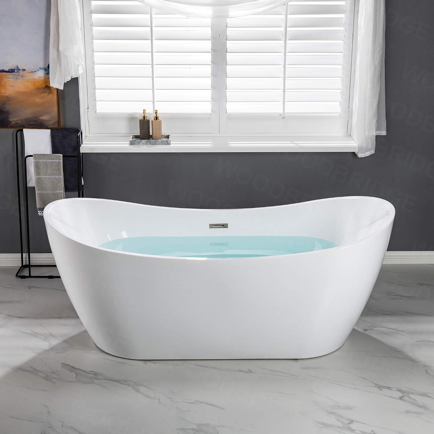 WOODBRIDGE 71'Freestanding White Acylic Soaking Bathtub with Drain Kit and Floor Mount Tub Filler in Brushed Nickel,BTA1517 -B/N-Drain &O +F0001BNSQ