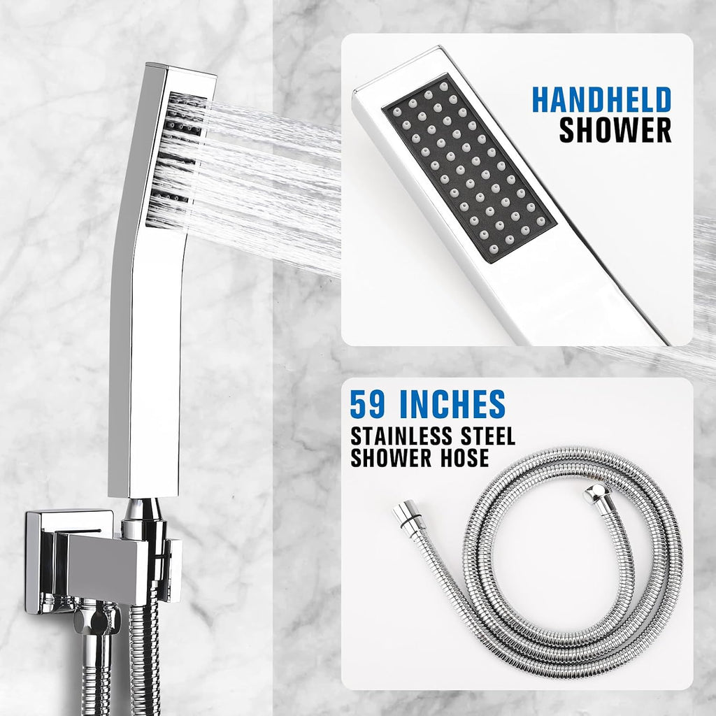 10 Inch Rainfall Shower System with Tub Spout Wall Mounted Complete Combo with Solid Brass Pressure Balancing Valve, High Pressure Shower Head, Handle Set & Installation Accessories Chrome