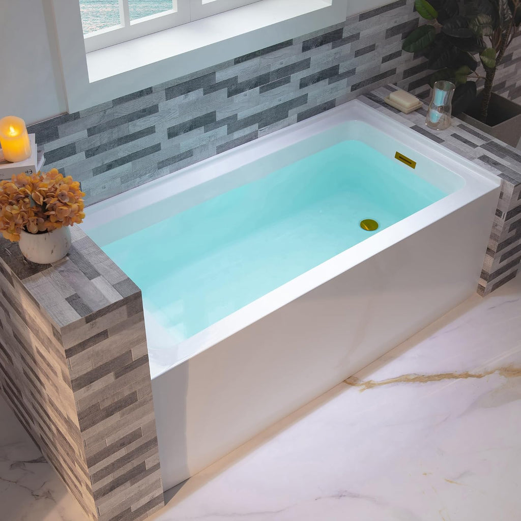 WOODBRIDGE 60' Acrylic Rectangular Alcove Soaking Bathtub in White with Right Drain, Brushed Gold pop-up Drain Included, LB666-R
