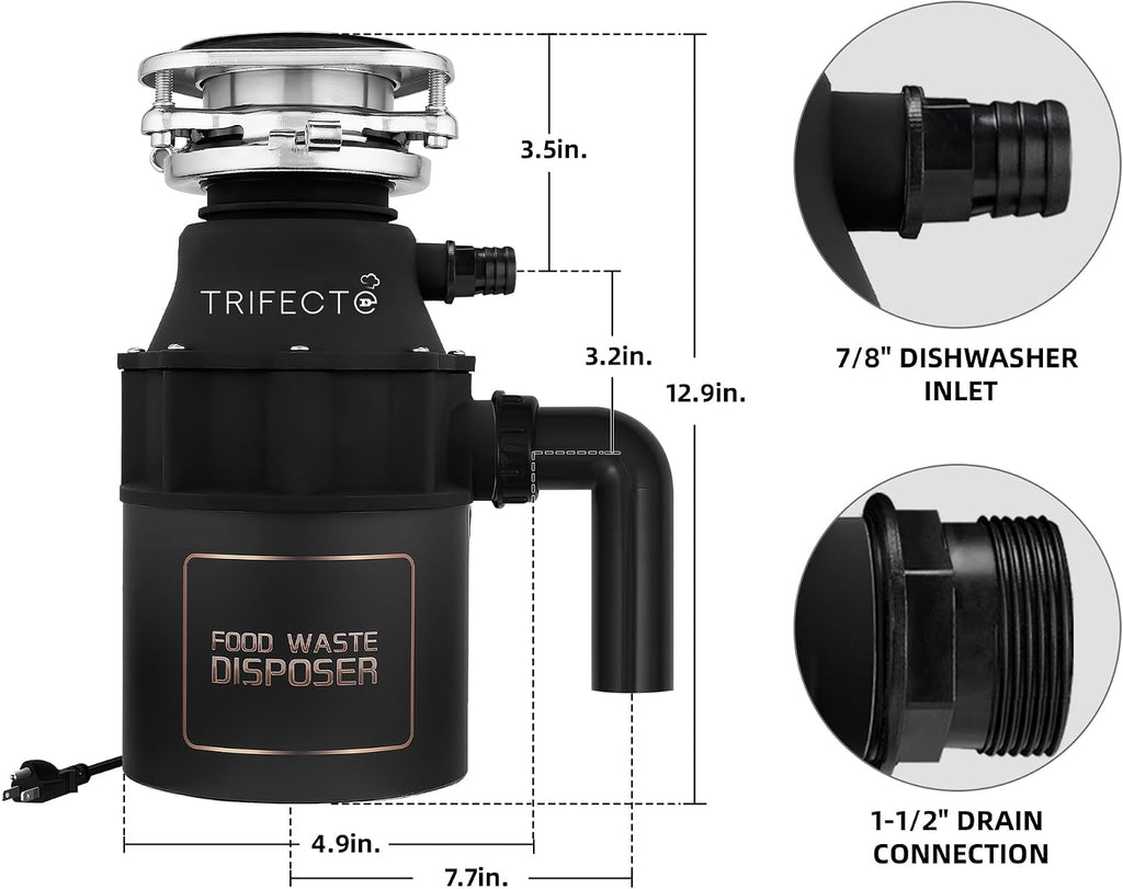 Trifecte Garbage Disposal 1/2 HP for Sink, Continuous Feed Food Waste Disposer with Power Cord, Faster and Powerful 0.5 HP Kitchen Waste Grinder with Dishwasher Hookup, Matte Black