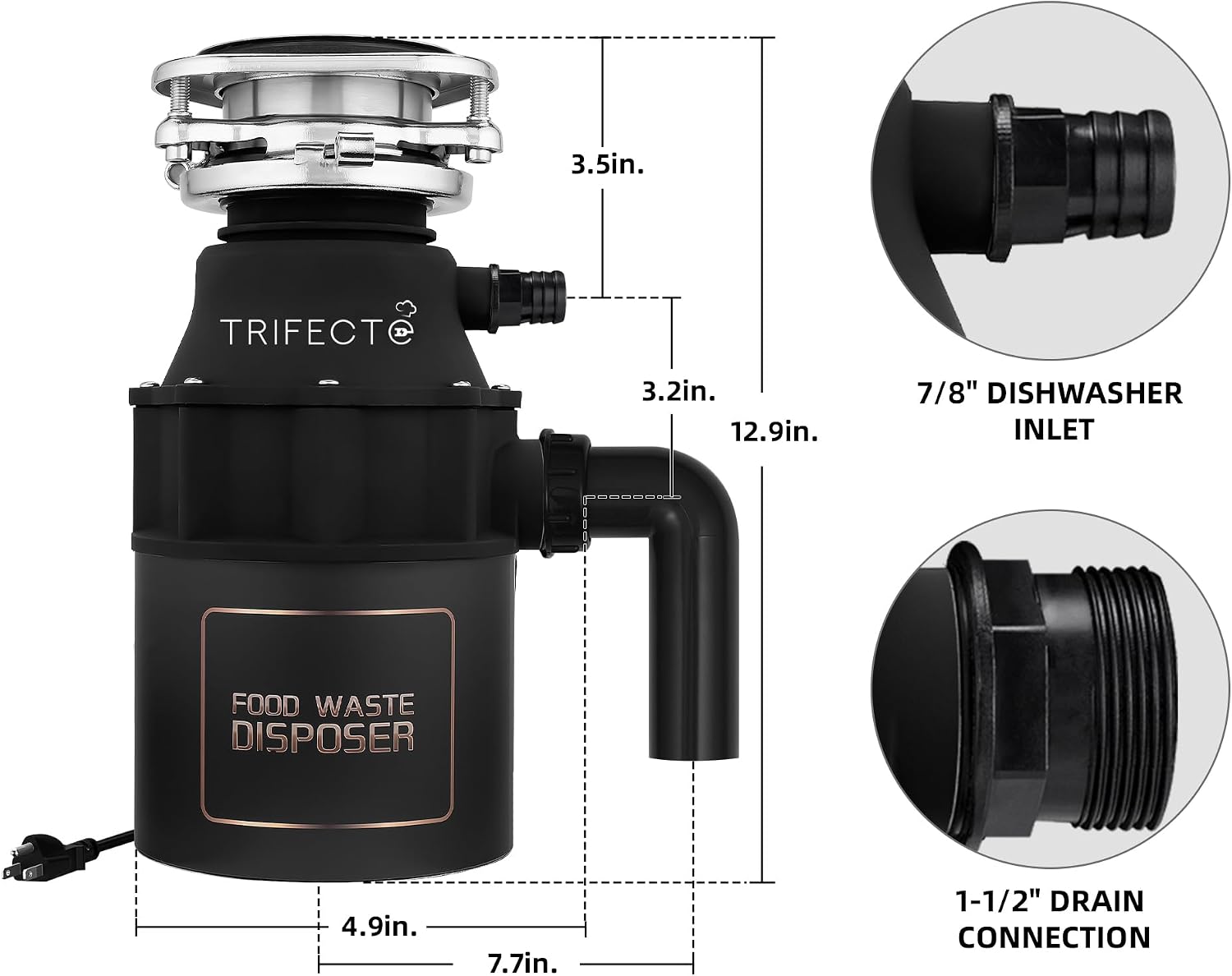 Trifecte Garbage Disposal 1/2 HP for Sink, Continuous Feed Food Waste Disposer with Power Cord, Faster and Powerful 0.5 HP Kitchen Waste Grinder with Dishwasher Hookup, Matte Black