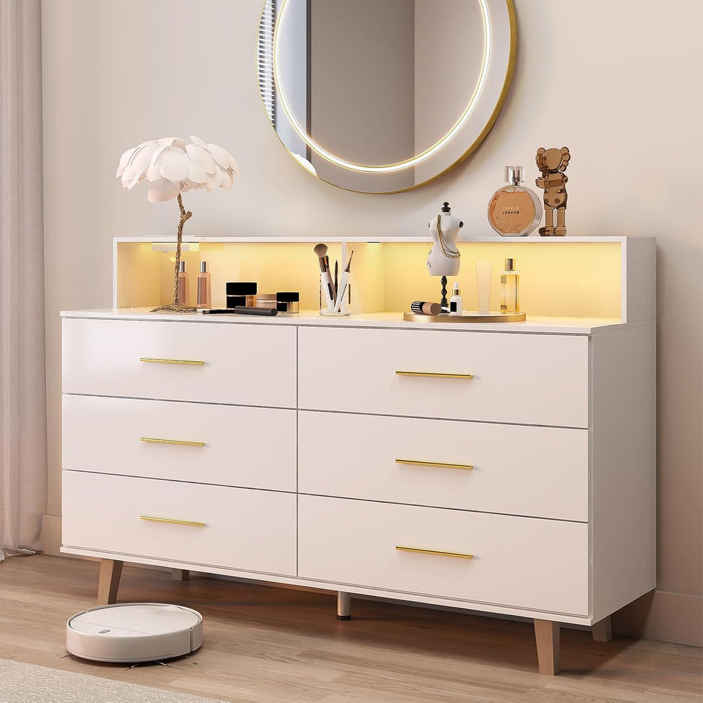 UNIQUITE 6 Drawers Dresser with LED Light and Power Outlet, Wood White Dressers for Bedroom & Chests of Drawers, Large Double Dressers for Bedroom, Entryway, Hallway