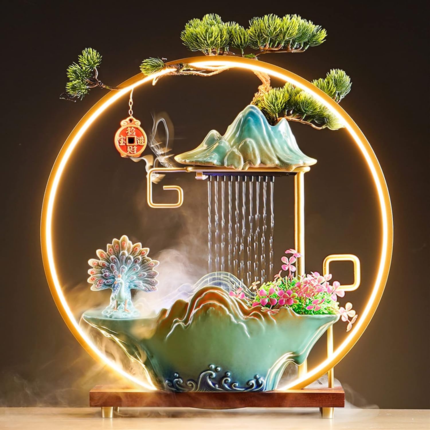 Peacock Tabletop Water Fountains Indoor Waterfall with LED Light Desktop Fountain for Meditation with Mist Japanese Fountain with Fake Plants Feng Shui Office Home Decor for Good Luck Wealth