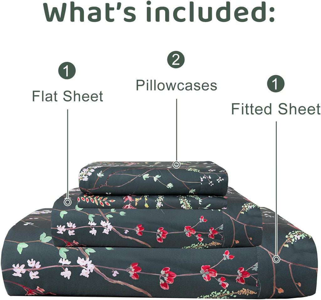QSH Floral Egyptian Cotton Sheets King Size - Navy Floral Bedding Sheets Botanical Pattern Printed Bedding King Size Bed Sheets 17.5' Extra Deep Pocket 4pcs