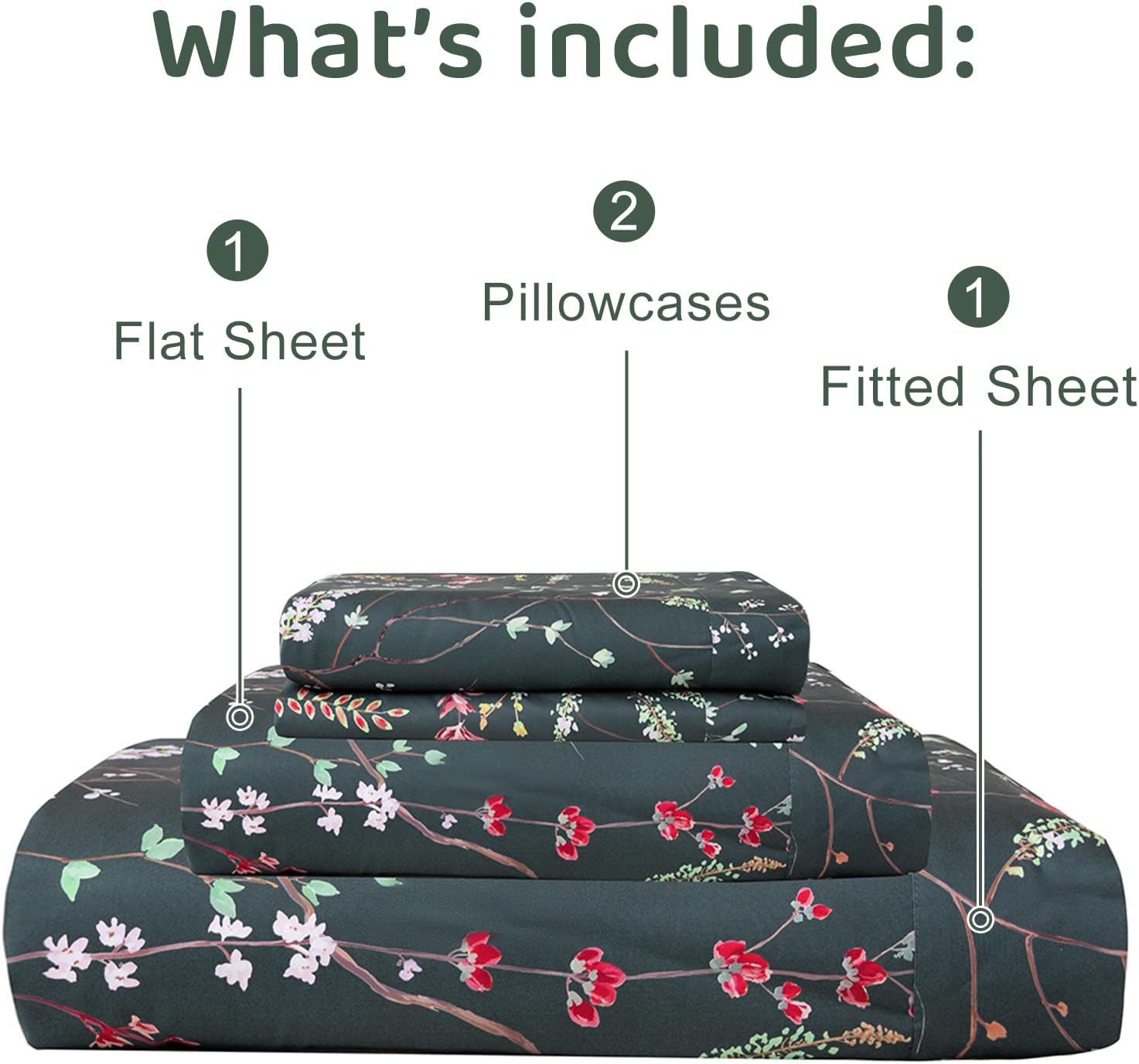 QSH Floral Egyptian Cotton Sheets King Size - Navy Floral Bedding Sheets Botanical Pattern Printed Bedding King Size Bed Sheets 17.5' Extra Deep Pocket 4pcs