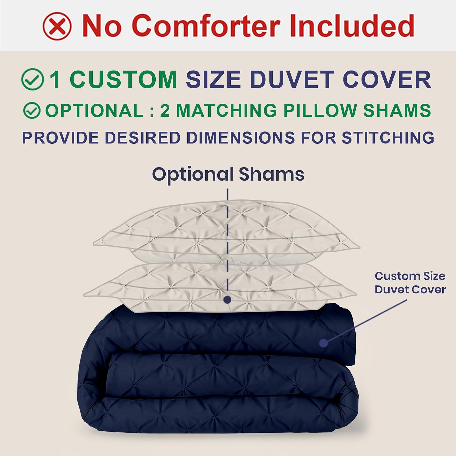 Kotton Culture Custom Pinch Pleated -Pintuck Duvet Cover - 100% Egyptian Cotton 600 Thread Count Decorative Customize Comforter Cover(Desired Dimensions) - Zipper Closure & 7 Internal Ties - Navy Blue