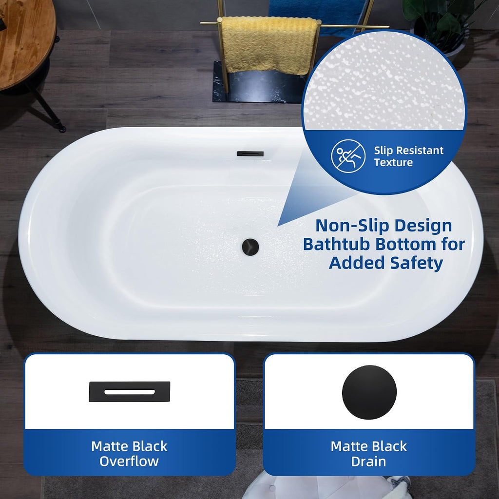 WOODBRIDGE 59' Acrylic Freestanding Bathtub Contemporary Soaking Tub with Matte Black Overflow and Drain,White Tub,B0058-MB