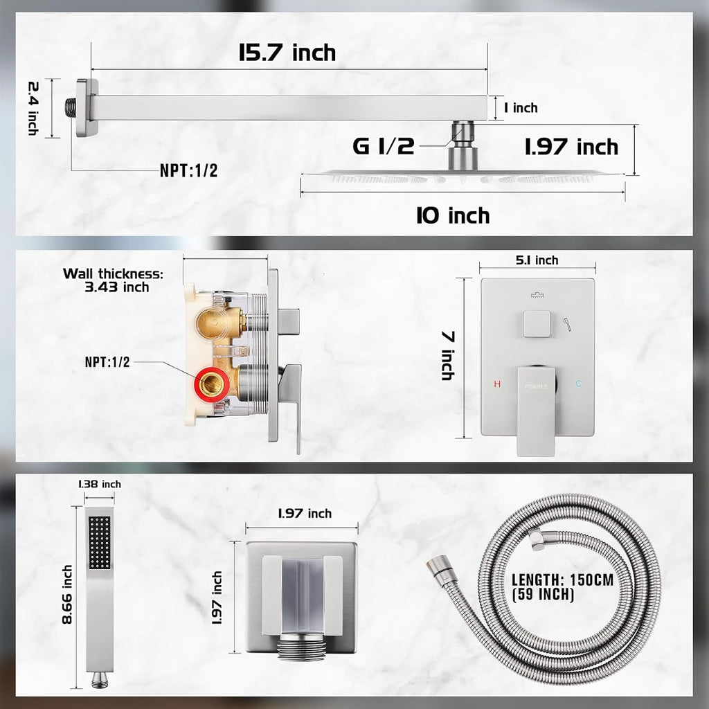 10 Inch Rainfall Shower System - Wall Mounted Complete Combo with Solid Brass Pressure Balancing Valve, High Pressure Shower Head, Handle Set & Installation Accessories Nickel