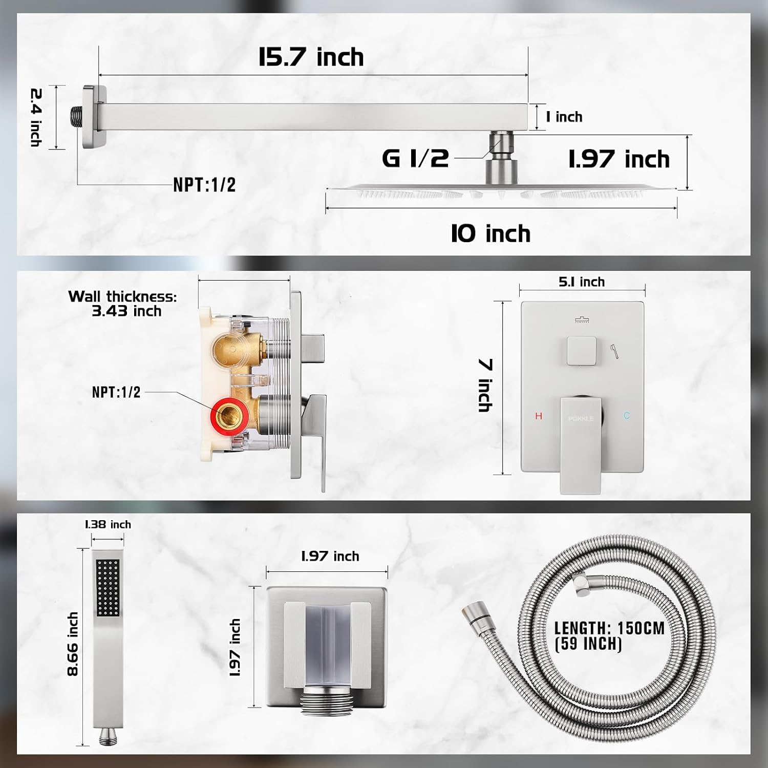 10 Inch Rainfall Shower System - Wall Mounted Complete Combo with Solid Brass Pressure Balancing Valve, High Pressure Shower Head, Handle Set & Installation Accessories Nickel