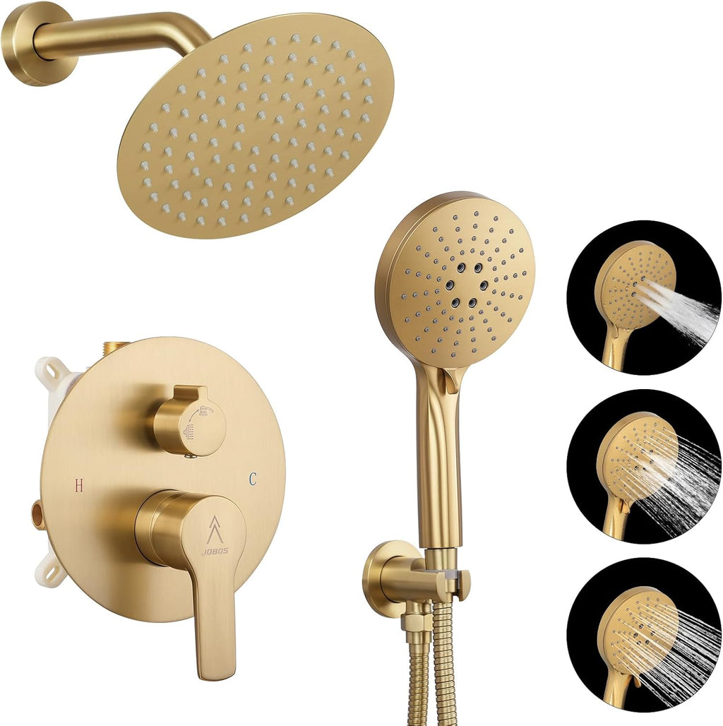 Shower Faucet Set Brass 8IN Rough-In Valve Body Trim Kit Rainfall Included Handle Accessories Complete 2 Functions with Rain Head and Handheld Bathroom Systems (8'', Brushed Gold)