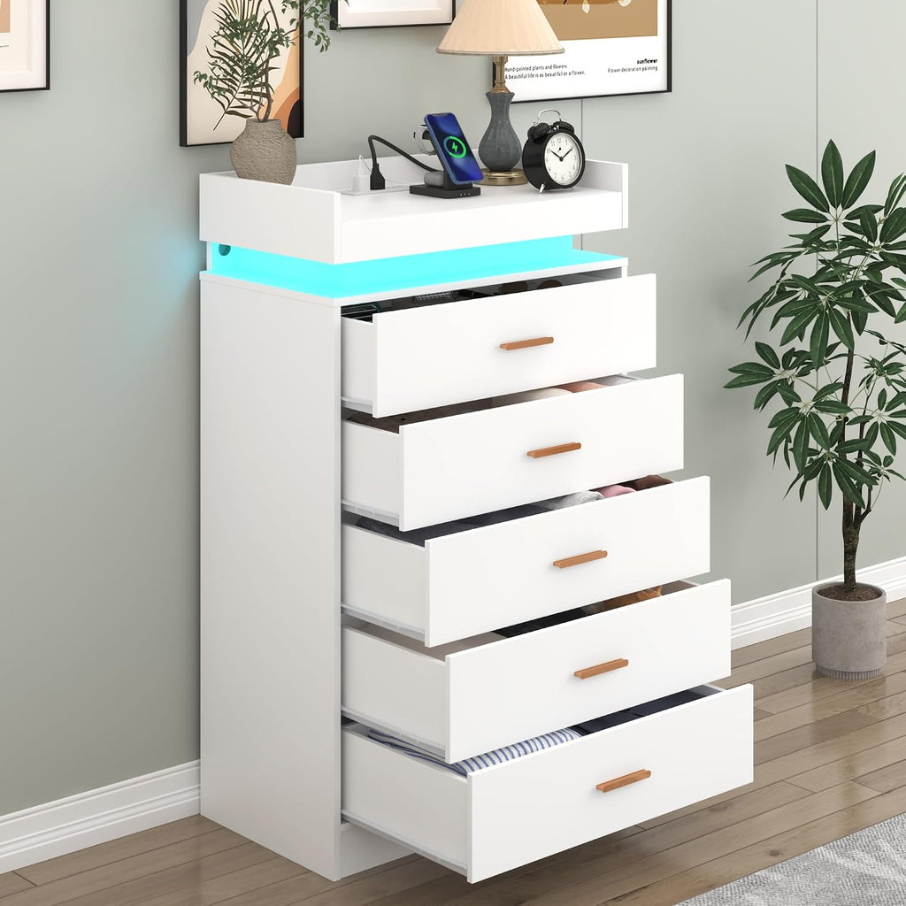 Hlivelood 5 Drawer Dresser with LED Light and Charging Station, Modern Chest of Drawers for Closet, Wide Drawer Organizer Cabinet, Living Room, Entryway, Hallway, White