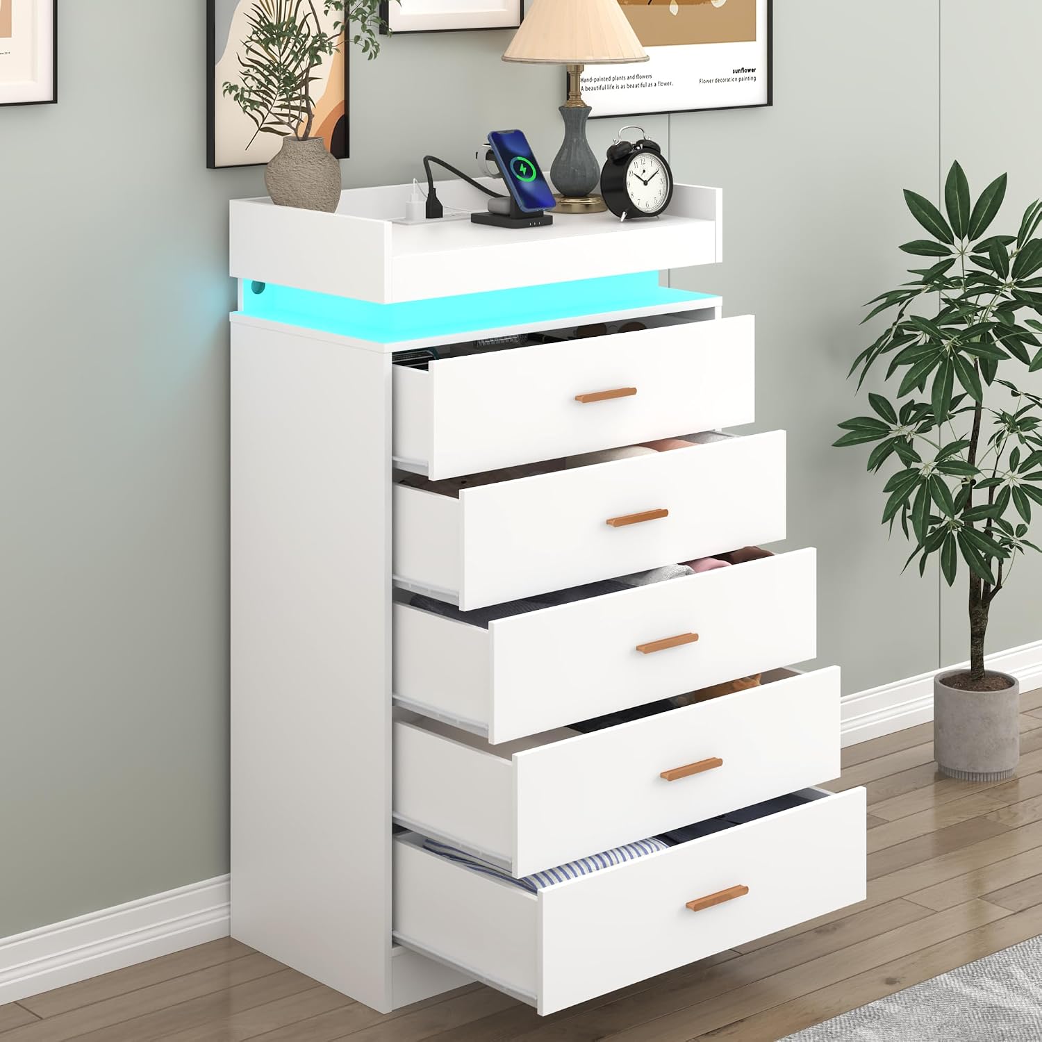 Hlivelood 5 Drawer Dresser with LED Light and Charging Station, Modern Chest of Drawers for Closet, Wide Drawer Organizer Cabinet, Living Room, Entryway, Hallway, White