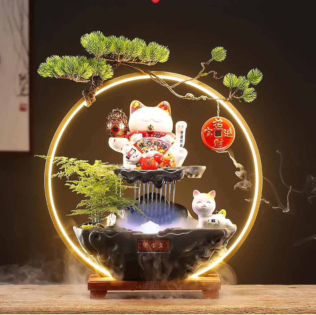 Indoor Tabletop Waterfall Fountain with Lucky Cat, Desk Small Fountain, LED Light Ring, Indoor Waterfall Feature, and Backflow Incense Burner