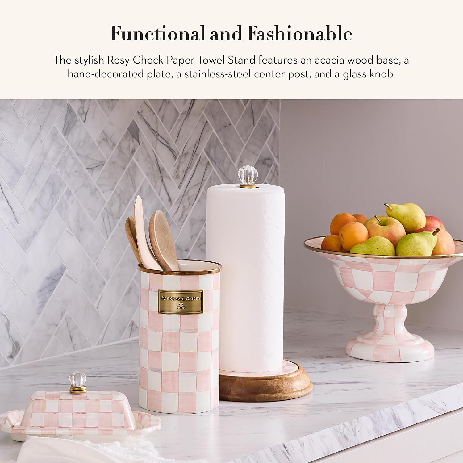 MACKENZIE-CHILDS Wood Paper Towel Holder, Decorative Paper Towel Holder for Kitchen, Pink-and-White Rosy Check