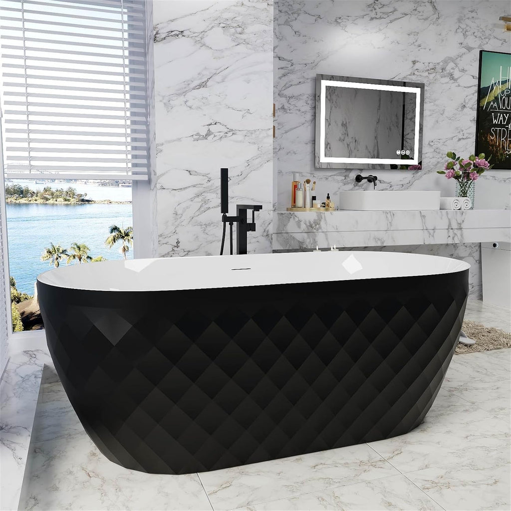 59' Acrylic Freestanding Bathtub，Double Ended Shape lozenge texture Bathtub with Integrated Slotted Overflow, Toe-Tap Chrome Drain, cUPC Certified,Black