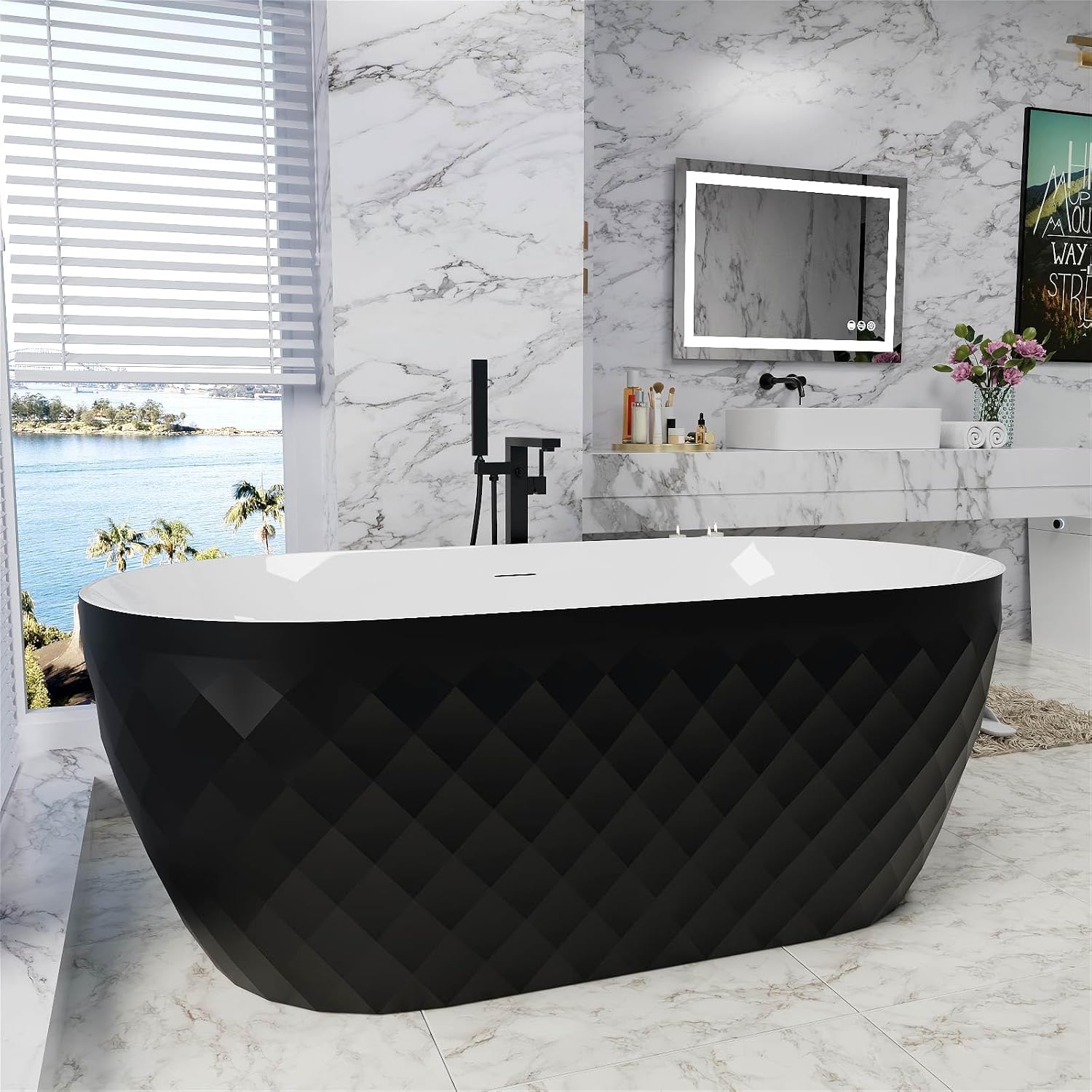 59' Acrylic Freestanding Bathtub，Double Ended Shape lozenge texture Bathtub with Integrated Slotted Overflow, Toe-Tap Chrome Drain, cUPC Certified,Black