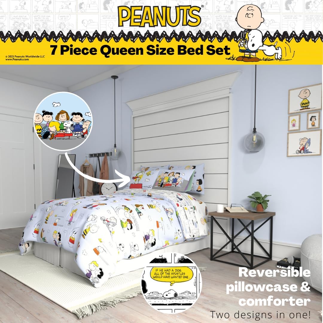 Peanuts Charlie Brown, Snoopy & Gang Bedding, 7 Piece Super Soft Cozy Reversible Comforter and Sheet Set with Sham, Queen, (100% Official Licensed Product) by Franco Collectibles