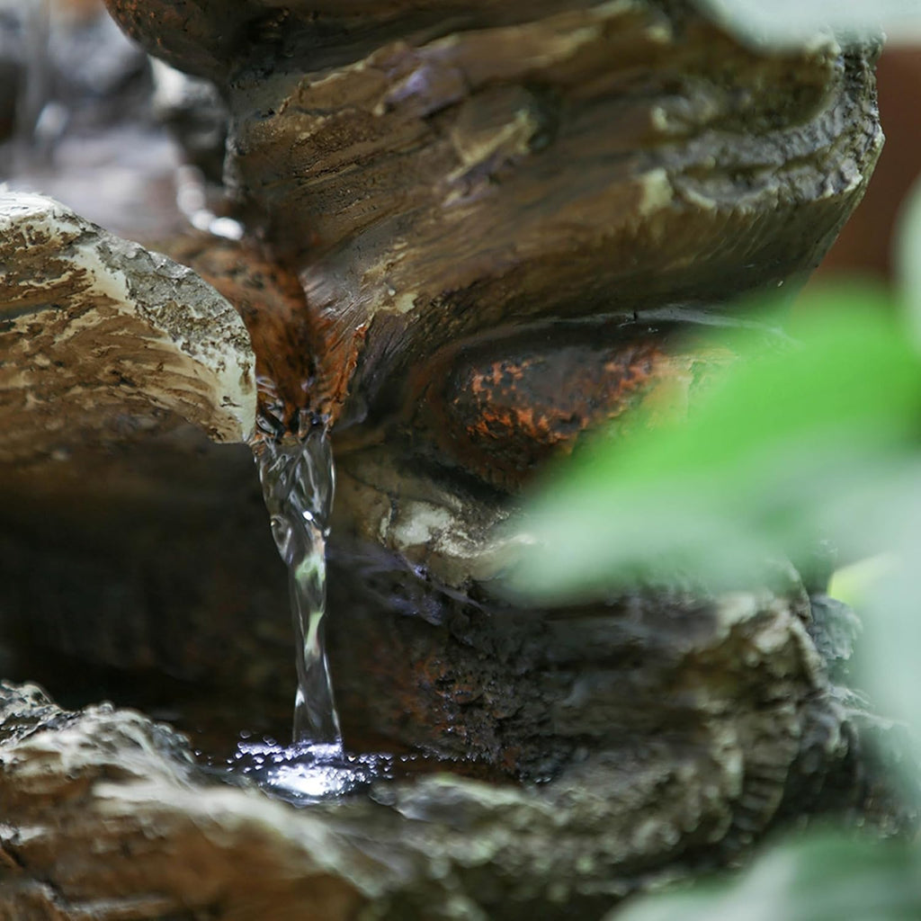 9x5x14 Indoor Brown Wood Look Water Fountain, 4 Tier Polyresin Cascading Wood Tabletop Fountain with LED Light