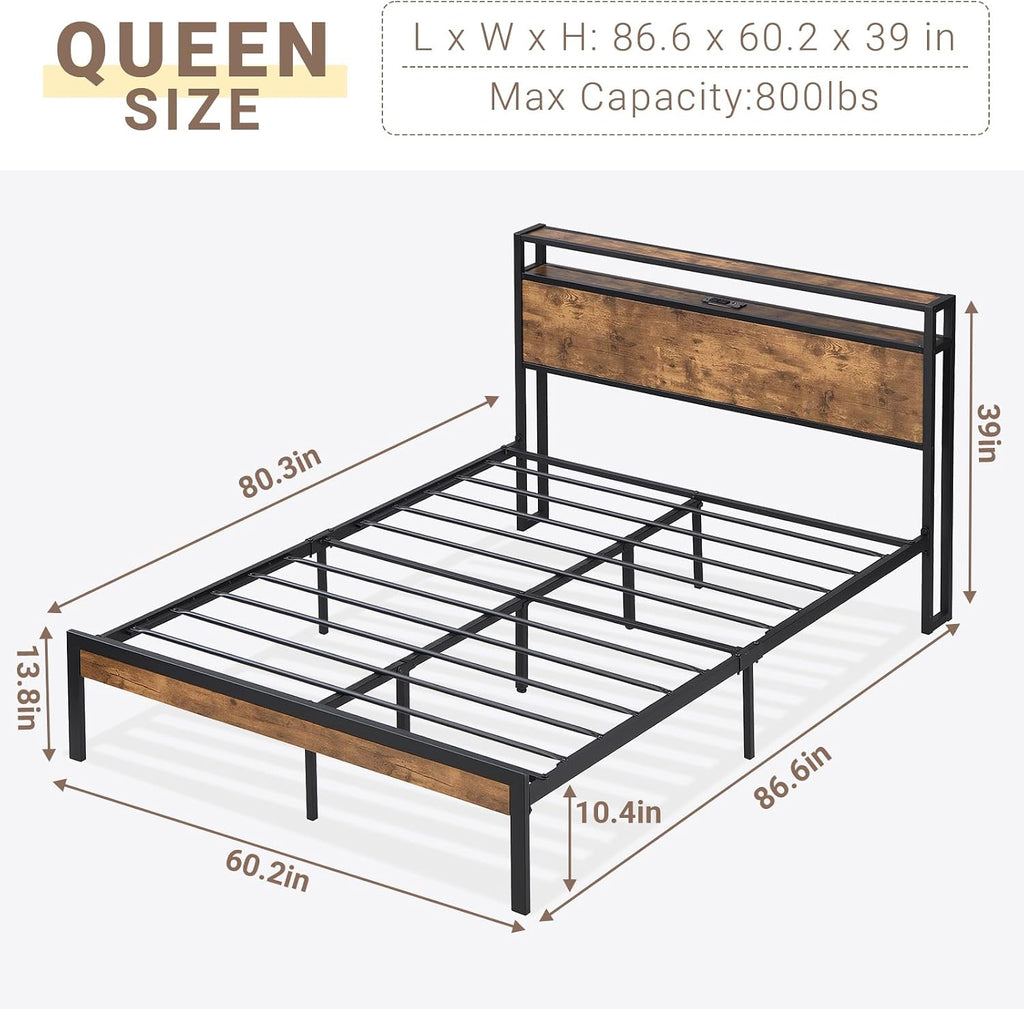 Zevemomo Queen Size Bed Frame with Headboard, Headboard with Charging Station, 2 USB Port & 2 AC Power Outlet, Queen Metal Platfrom Bed Frames No Box Spring Needed, Sturdy & Assembly, Brown