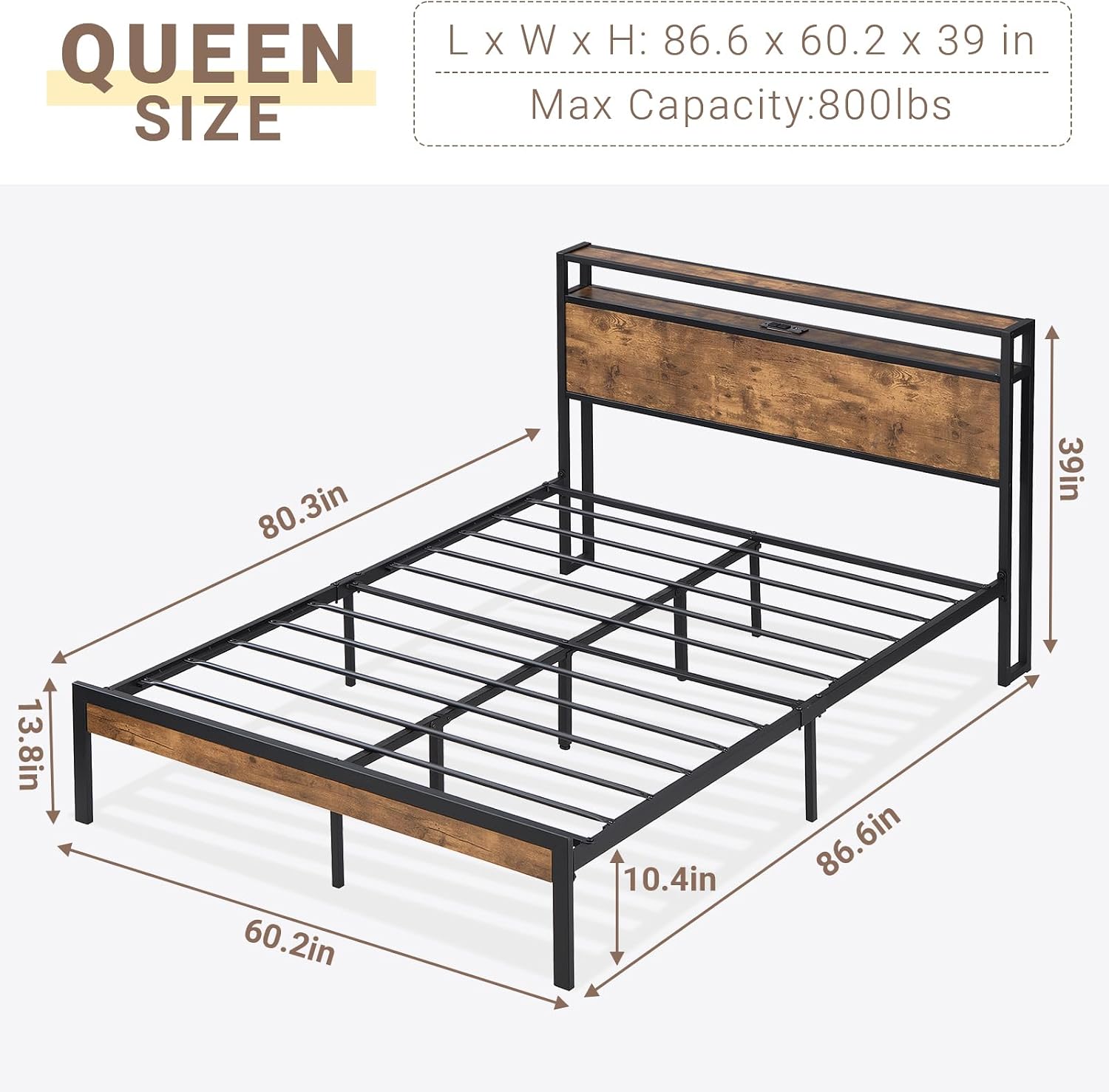Zevemomo Queen Size Bed Frame with Headboard, Headboard with Charging Station, 2 USB Port & 2 AC Power Outlet, Queen Metal Platfrom Bed Frames No Box Spring Needed, Sturdy & Assembly, Brown