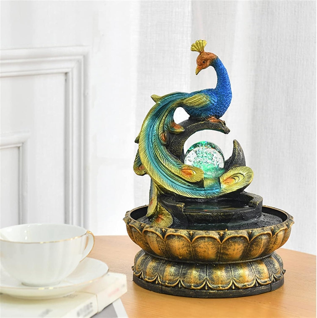 HIHELO Tabletop Fountain Creative Peacock-Shaped Fountain Home Feng Shui Ball Desktop Fountain Dining Table Office Desktop Running Water Ornaments Indoor Fountain