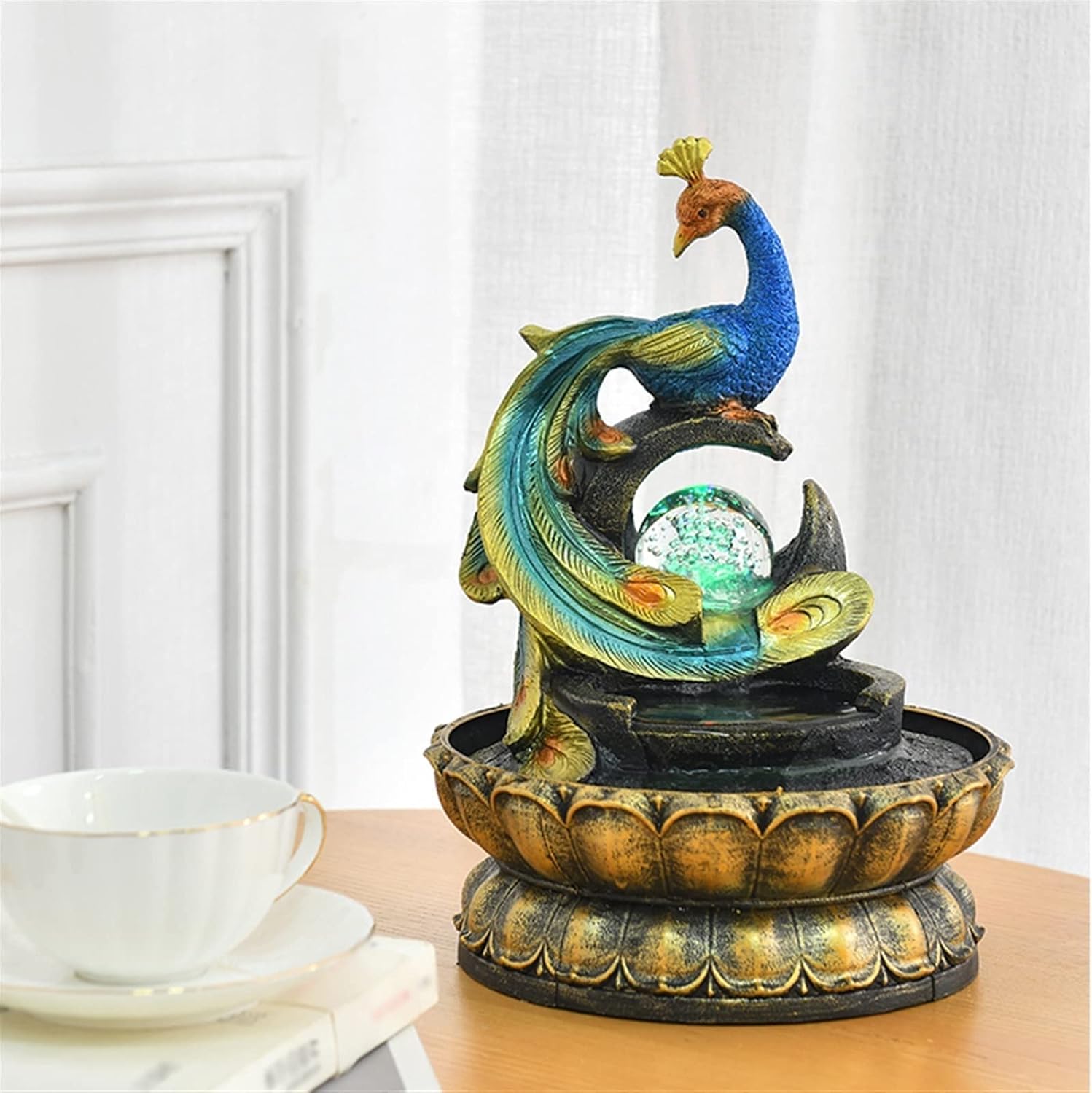 HIHELO Tabletop Fountain Creative Peacock-Shaped Fountain Home Feng Shui Ball Desktop Fountain Dining Table Office Desktop Running Water Ornaments Indoor Fountain
