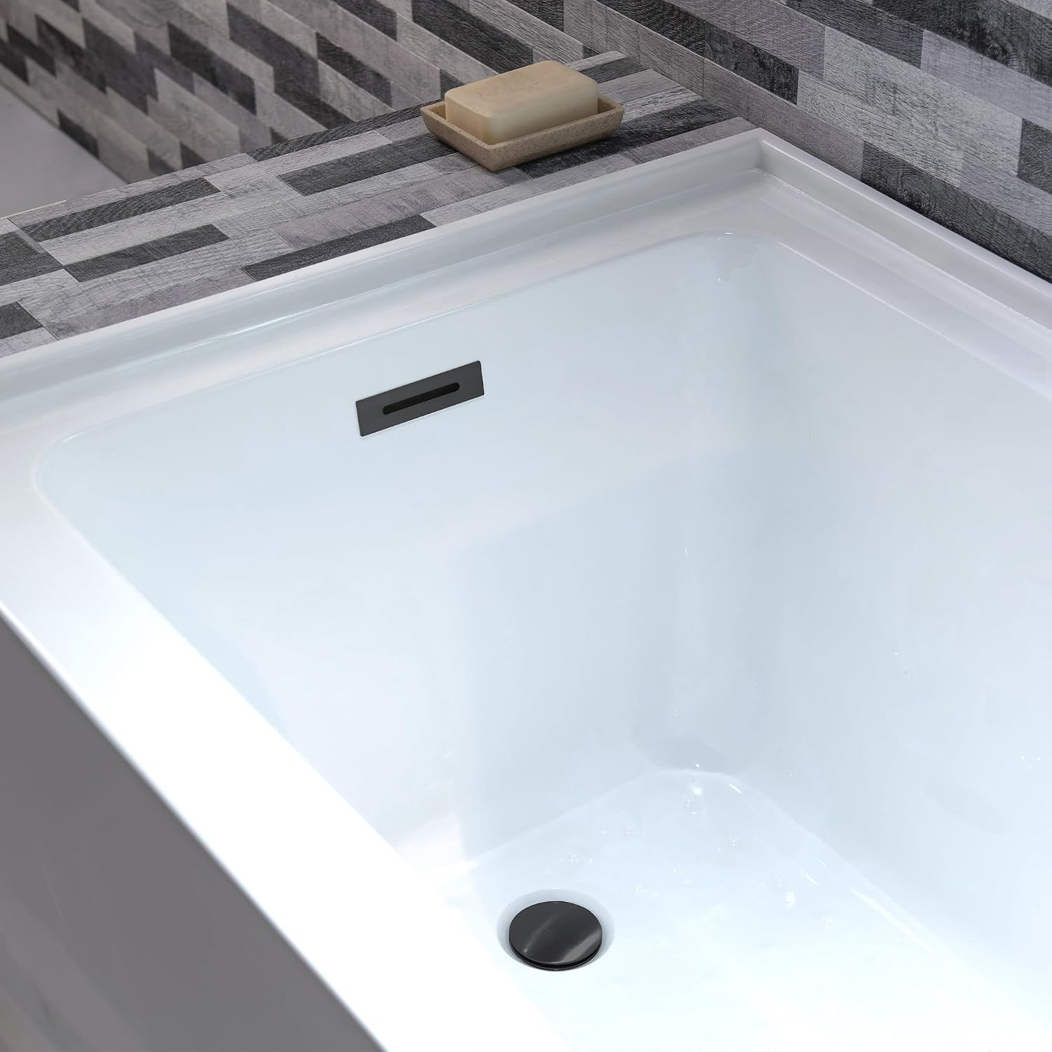 WOODBRIDGE 60' Acrylic Rectangular Alcove Soaking Bathtub in White with Left Drain, Matte Black pop-up Drain Included, LB428-L