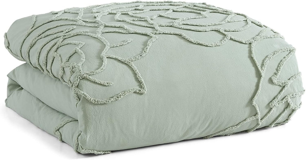 Peri Home 100% Cotton 3-Piece Sage Comforter and Sham Set, Green Chenille Rose, Full/Queen