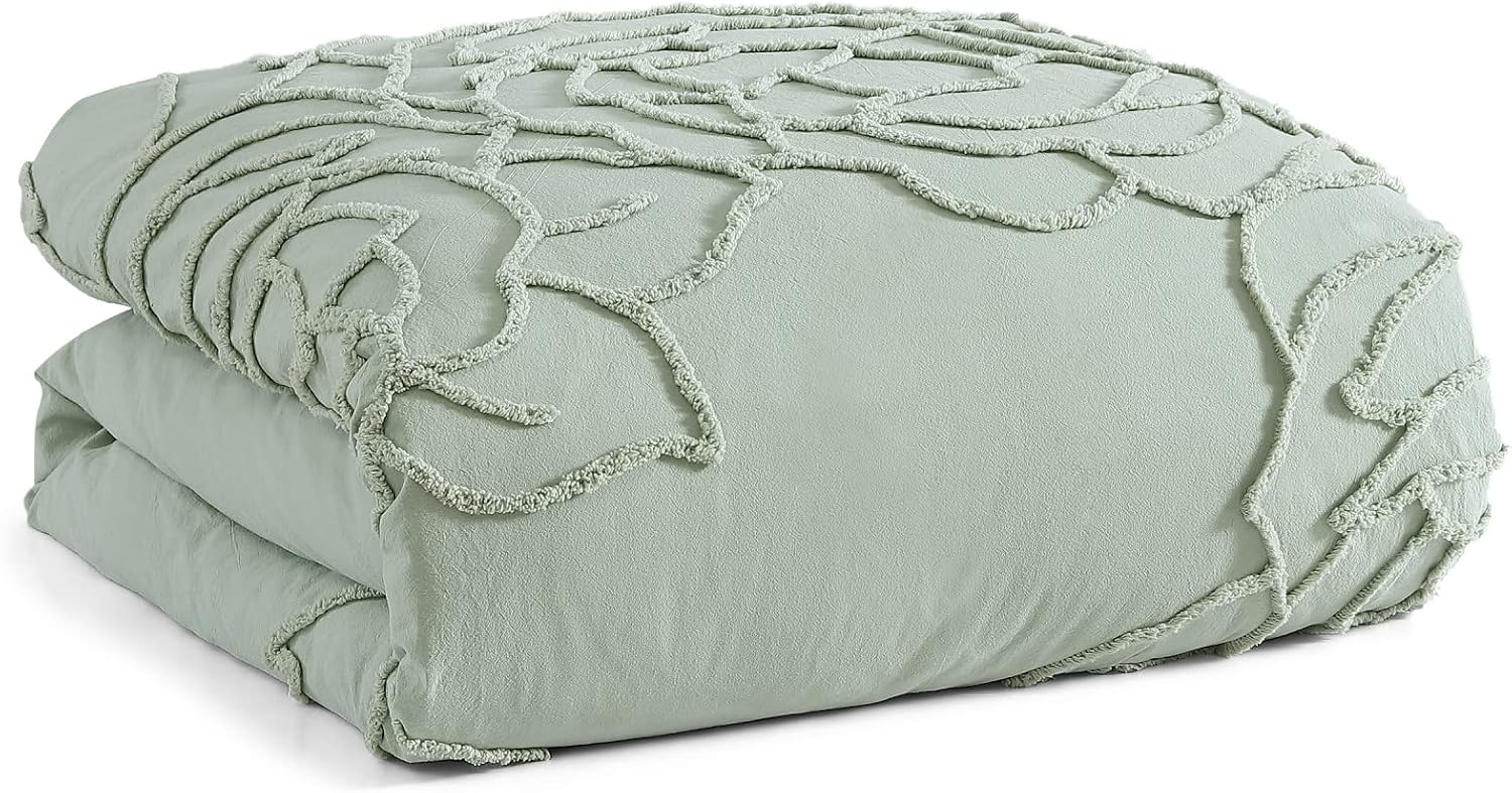 Peri Home 100% Cotton 3-Piece Sage Comforter and Sham Set, Green Chenille Rose, Full/Queen