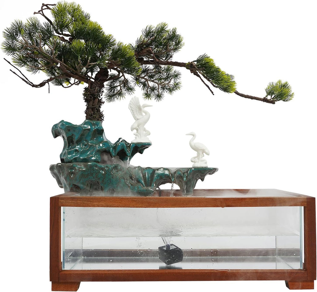 Tabletop Water Fountains Indoor Waterfall with Mist Fake Plants for Feng Shui Wealth Boom Desk Fountain with Fish Tank Pump Atomizer for Meditation in Living Room Bedroom Entrance Yoga Room