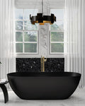 CASAINC 59' Free Standing Tub, Oval-Shaped Stone Resin Freestanding Bathtub Matte Black Solid Surface Soaking Tub with Drain, Drain Hose & Sanding Paper