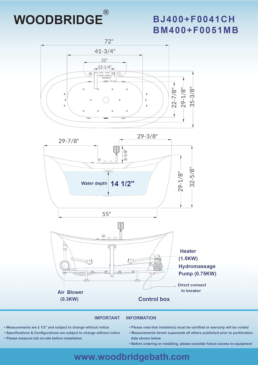 WOODBRIDGE 72' x 35-3/8' Whirlpool and Air Bath Heated Soaking Combination Tub with Adjustable Speed Air Blower, Tub Filler, and LED control panel, Matte Black Finish Trim and Drain Kit,BM-400+F0051