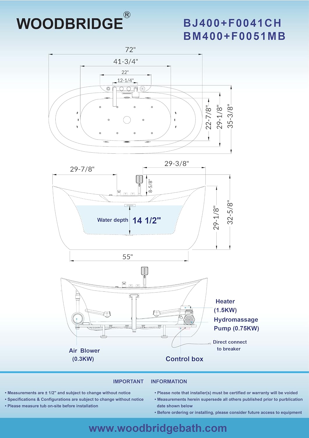 WOODBRIDGE 72' x 35-3/8' Whirlpool and Air Bath Heated Soaking Combination Tub with Adjustable Speed Air Blower, Tub Filler, and LED control panel, Matte Black Finish Trim and Drain Kit,BM-400+F0051