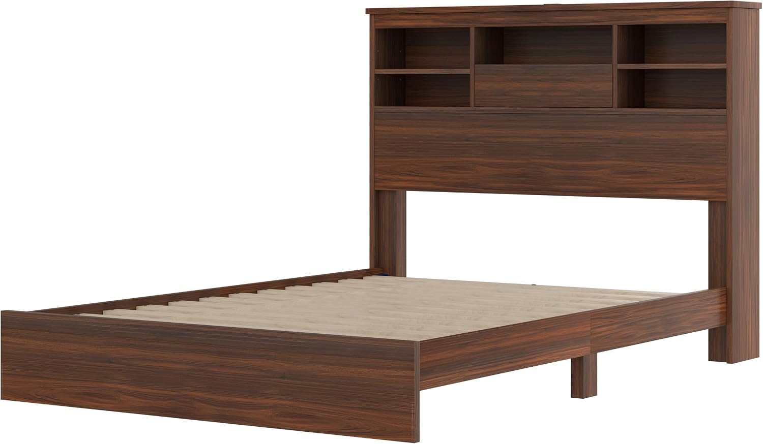 4PCS Bedroom Sets, Wooden Queen Size Bed Frame with Storage Headboard and Charging Station, 2 Nightstands with 2 Drawers, 1 Dresser with 5 Drawers, Walnut