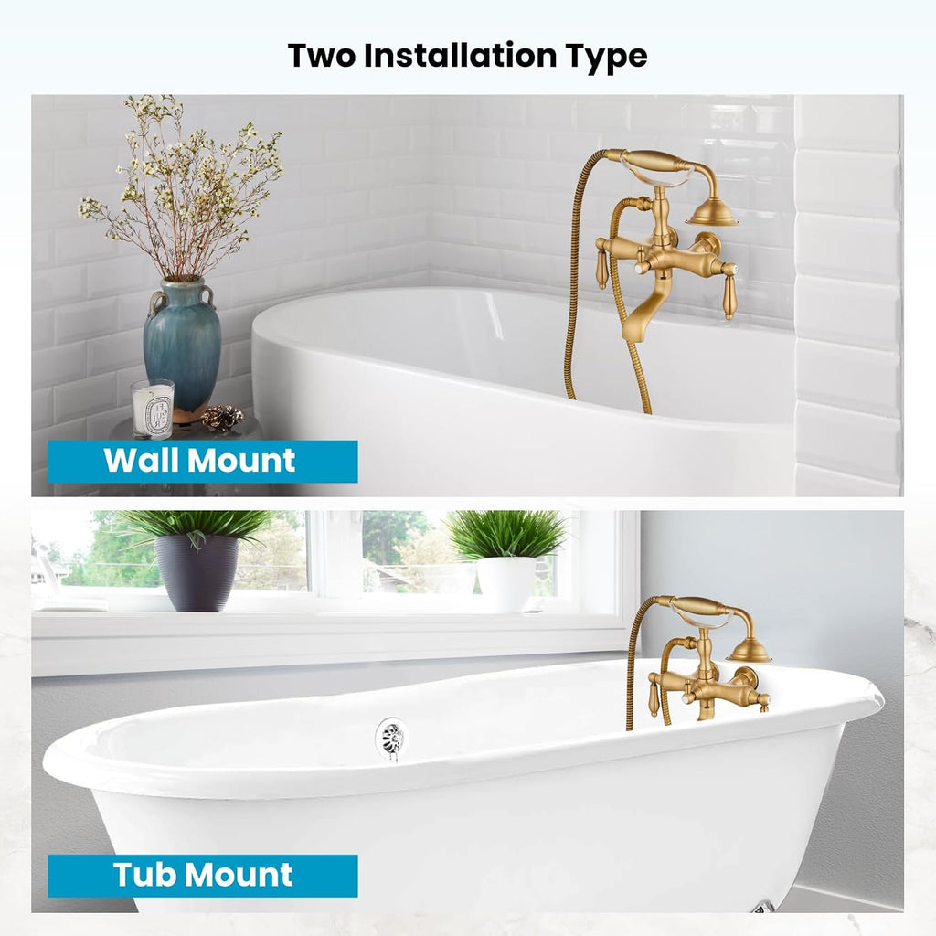gotonovo 3 3/8 Vintage Bathtub Filler Wall Mount Clawfoot Tub Faucet Shower Kit with Handheld Shower 2-Functions Double Level Handle Modern Telephone Handheld Shower Antique Brass
