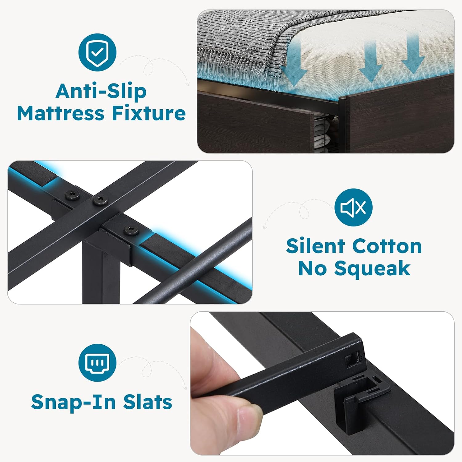 Kiivakii Queen Size Bed Frame with 4 Storage Drawers, LED Platform Bed with Headboard, Built in Charging Station, Noise Free, Metal Support Base, No Box Spring Needed, Black