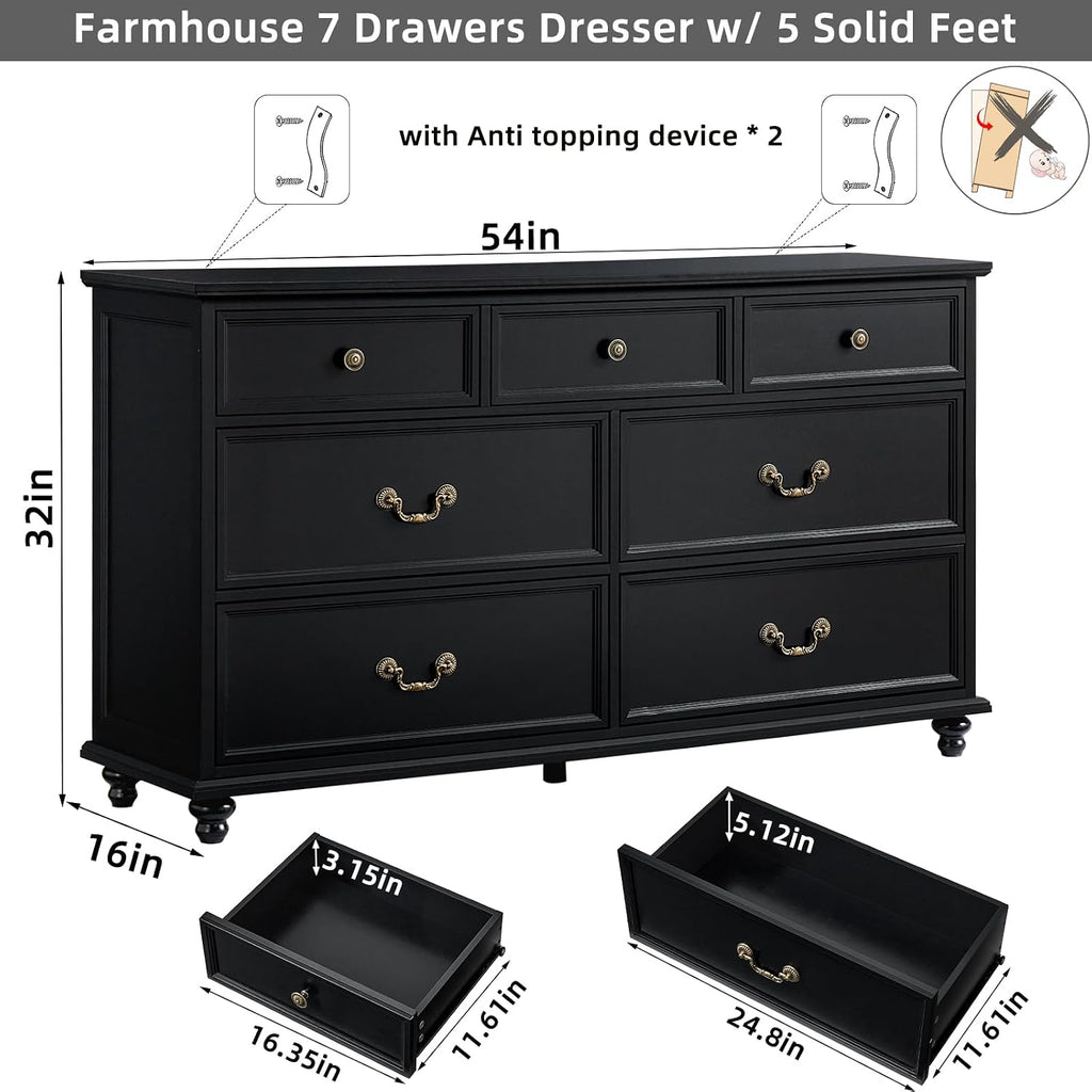 Joaxswe Farmhouse Dresser and Nightstand Sets 3 Piece, Nightstands Set of 2 and 7 Drawers for Bedroom, 54' Wide Dresser and 24' Inch Night Stand Set for Bedroom, Living Room, Hallway
