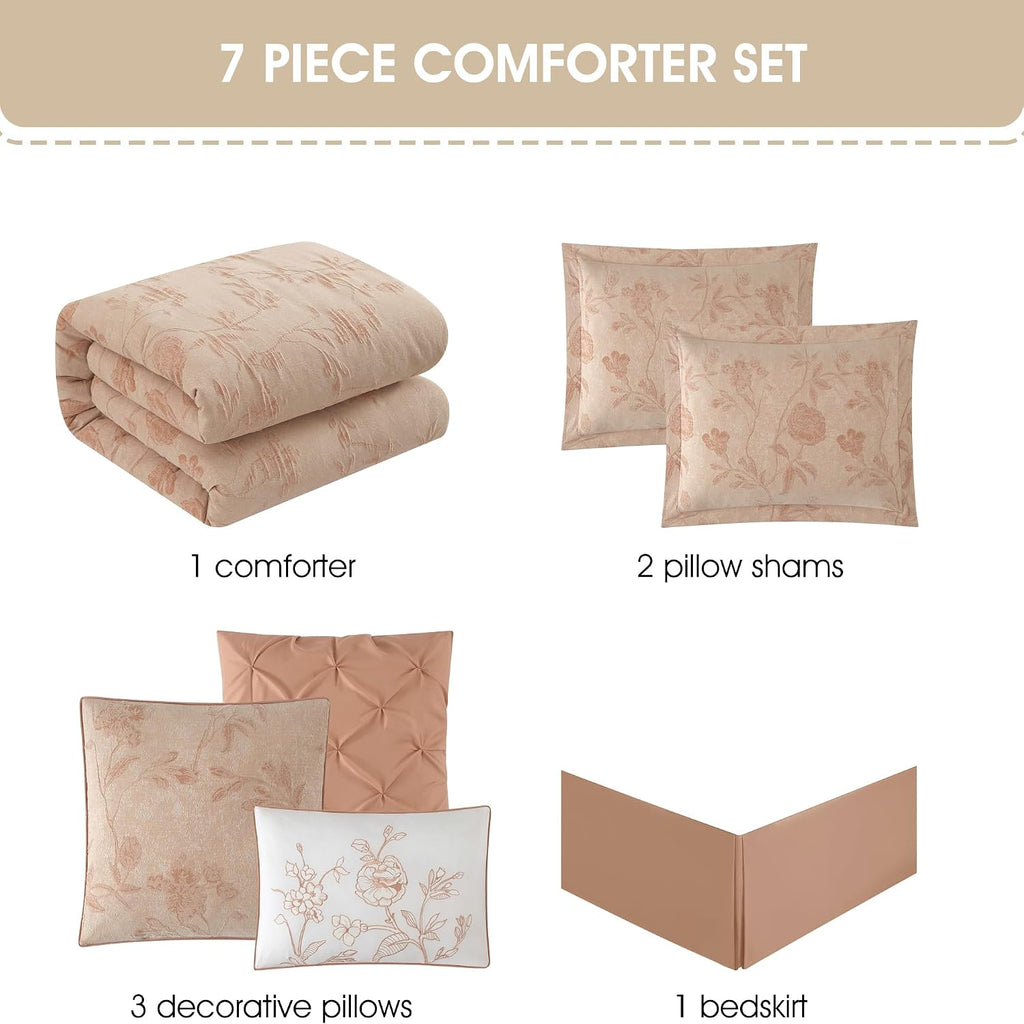 Grand Avenue Floral Comforter Set Queen Size, Blush 7 Pieces Jacquard Bedding Set, Cotton &Polyester Bedding, All Season, Bedskirt, Pillows Shams