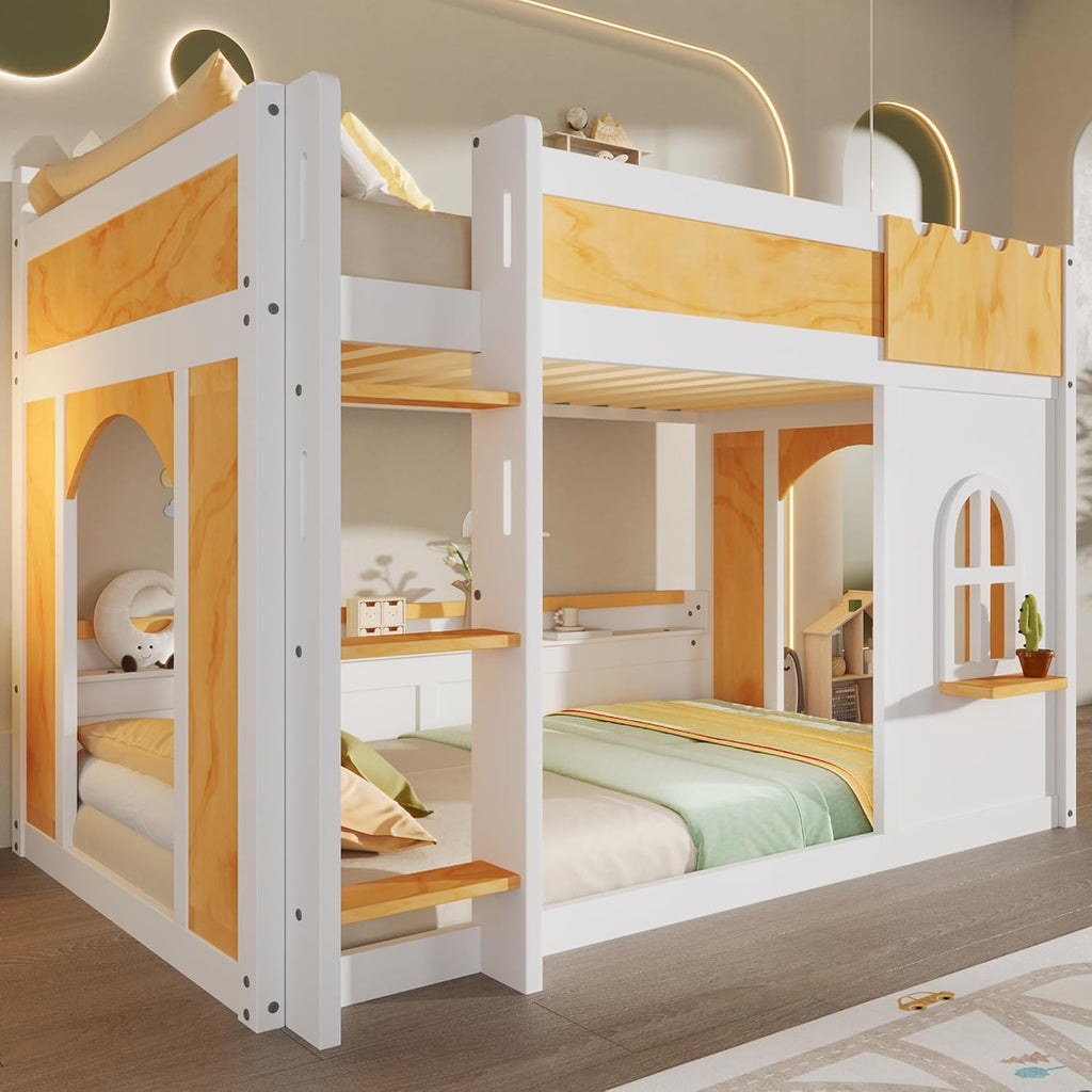 MERITLINE Twin Over Twin Bunk Bed with Storage Shelves,Window,and Doors,Solid Wood Floor House Bunk Bed with Storage, Ladder and Guardrails for Teens Adults