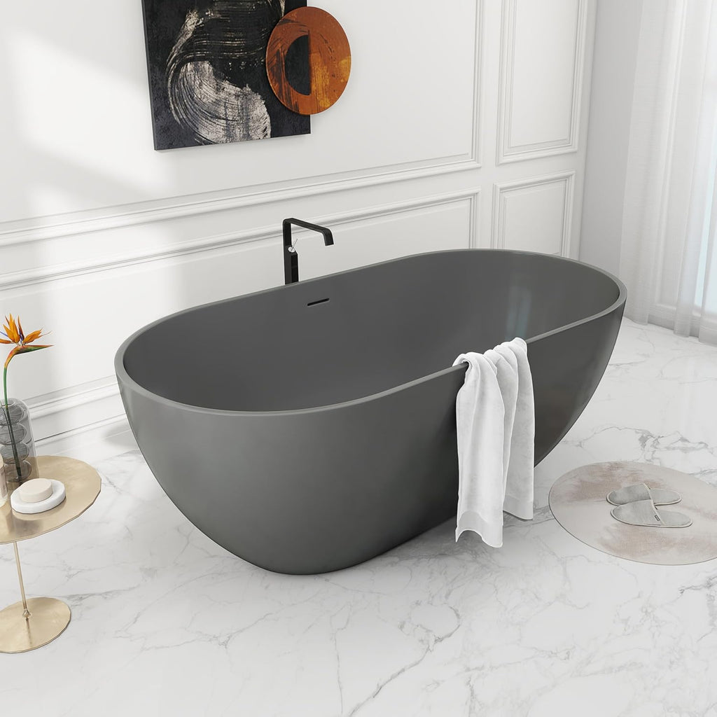 SJ STAR&JANE 59' Solid Surface Freestanding Bathtub Oval Stone Resin Soaking Tub Modern Stand Alone Tub with Overflow & Pop-up Drain for Bathrooms Dark Gray