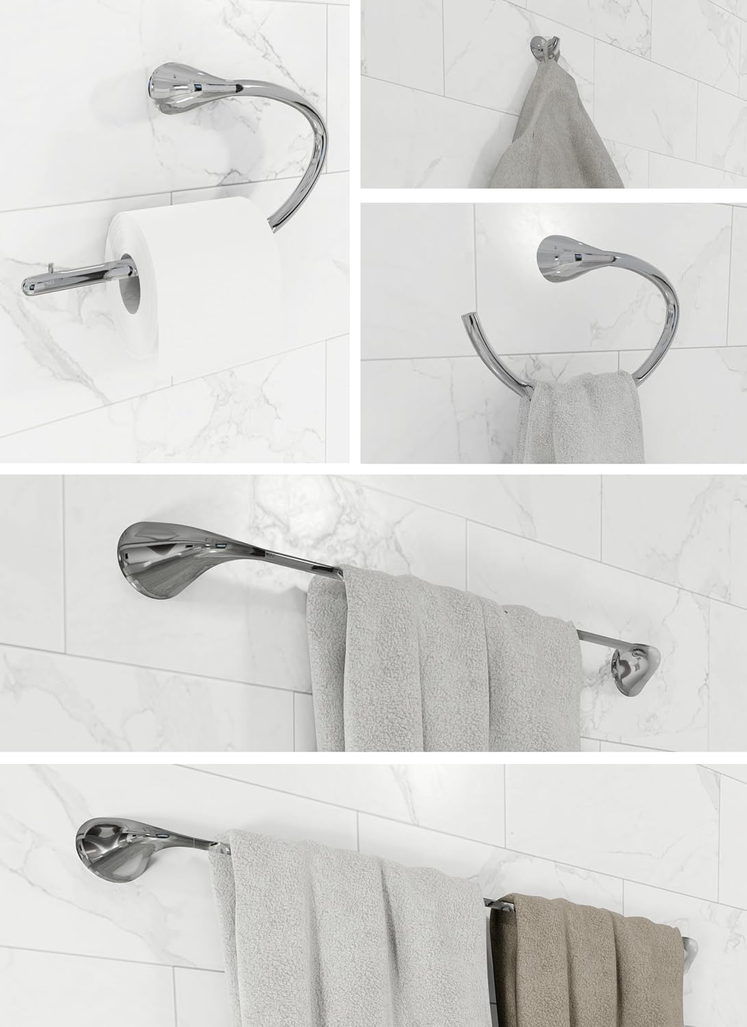 Hollywood Bathroom Accessory Complete Set (Chrome), Robe Hook, Toilet Paper Holder, Towel Ring, Towel Bar (18 and 24 Inch) Wall Mount Hanger for Kitchen Accessories