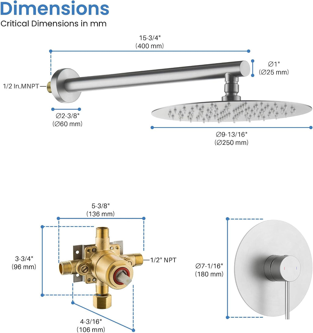 KIBI Circular Shower System for Bathroom | Wall Mounted Single Function Shower Faucet Set with Solid Brass Pressure-Balanced Valve for Consistent Water Flow | Brushed Nickel, KSF407