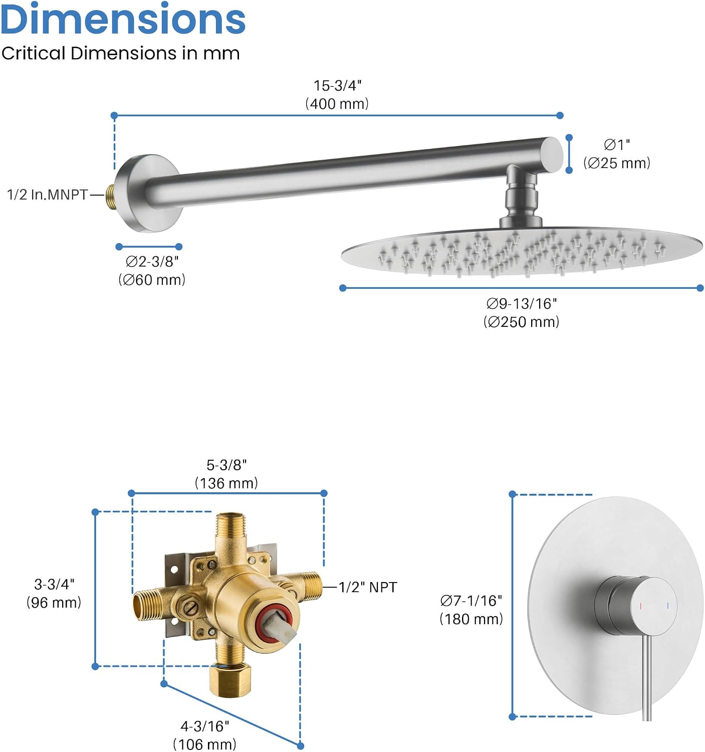 KIBI Circular Shower System for Bathroom | Wall Mounted Single Function Shower Faucet Set with Solid Brass Pressure-Balanced Valve for Consistent Water Flow | Brushed Nickel, KSF407