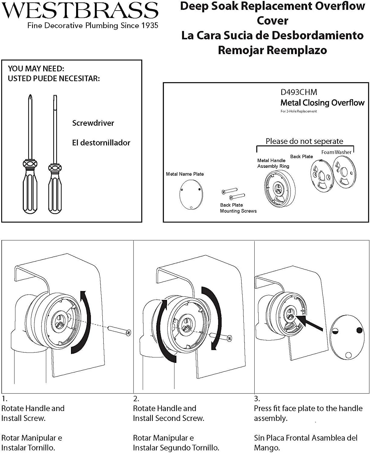 Westbrass D493CHM-50-26 Universal Patented Deep Soak Round Replacement 2-Hole Bathtub Overflow Cover for Full and Over-Filled Closure, Polished Chrome (50-Pack)