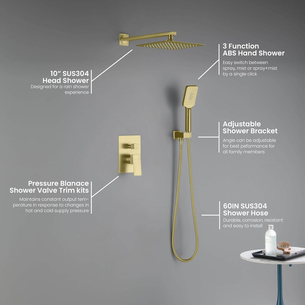 KIBI Cube Bathroom Shower System | 2-Function Wall Mounted Shower Faucet Set with Solid Brass Pressure Balanced Valve | Three Hand Shower Modes | 15-inch Long Shower Arm | Brushed Gold (KSF405)