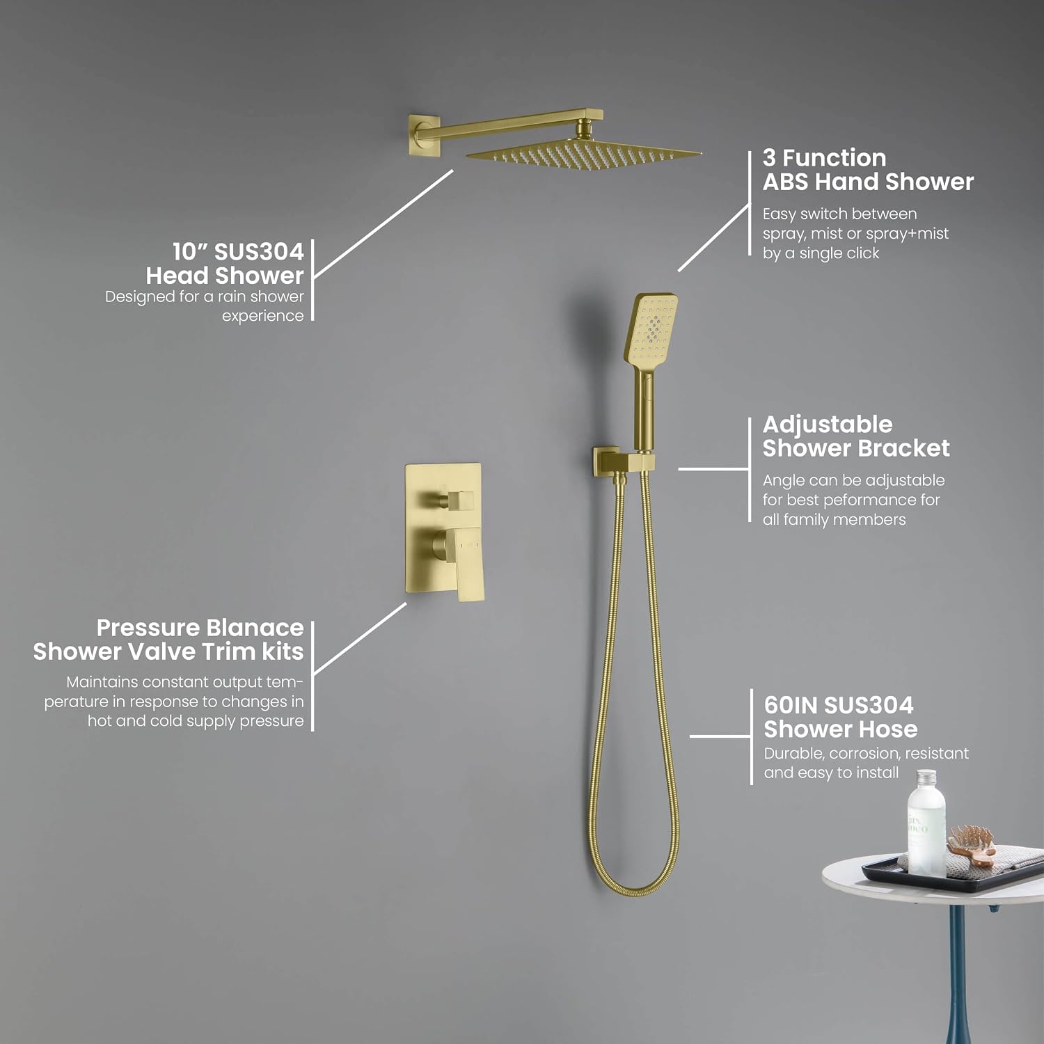 KIBI Cube Bathroom Shower System | 2-Function Wall Mounted Shower Faucet Set with Solid Brass Pressure Balanced Valve | Three Hand Shower Modes | 15-inch Long Shower Arm | Brushed Gold (KSF405)