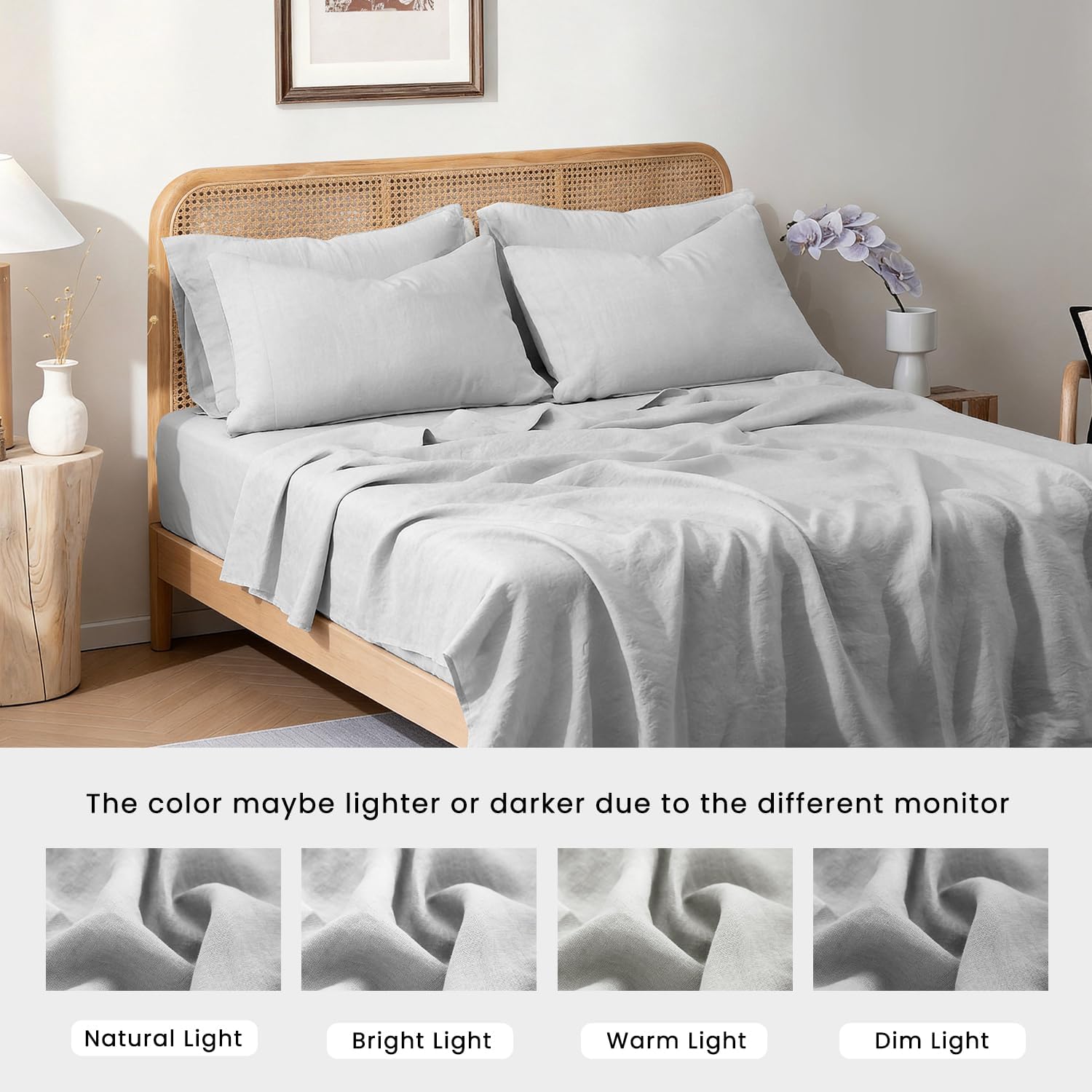 S VICTORY SYMBOL 100% Organic Linen Sheets Set Queen 4Pcs,Natural French Flax Linen Bed Sheets(1 Flat Sheet,1 Fitted Sheet 16inch,2 Pillowcase) GOTS Certified,Fog